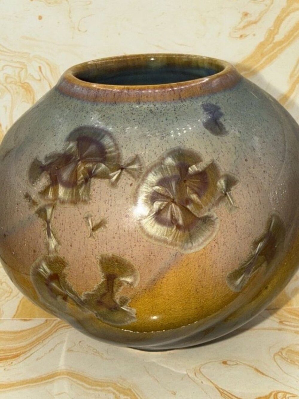 Crystalline Glaze Squat Bulbous Round Vase Seagrove Pottery Vtg